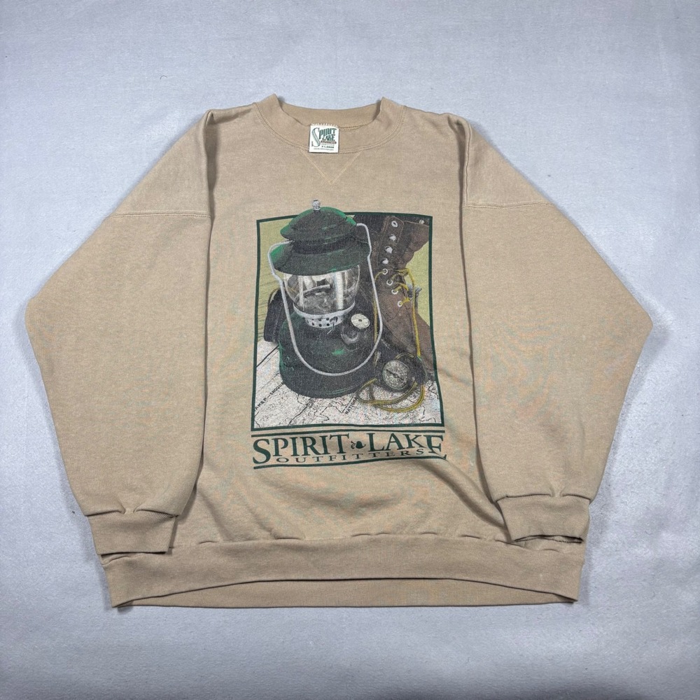 Vintage Spirit Lake Outfitters Sweatshirt Mens XL Tan Graphic Lantern USA Made